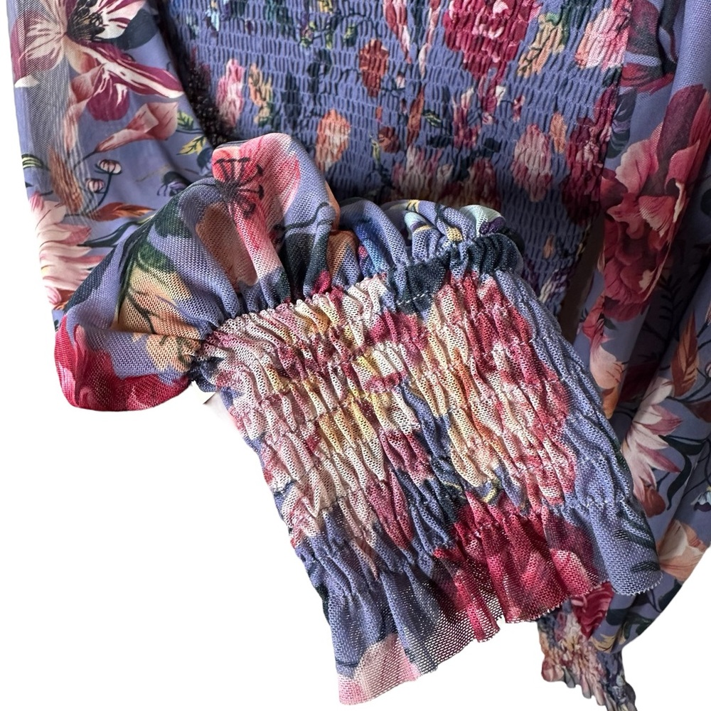 Anthropologie Rouen Smocked Mesh Top Size Medium Purple Floral Cropped - Picture 9 of 13
